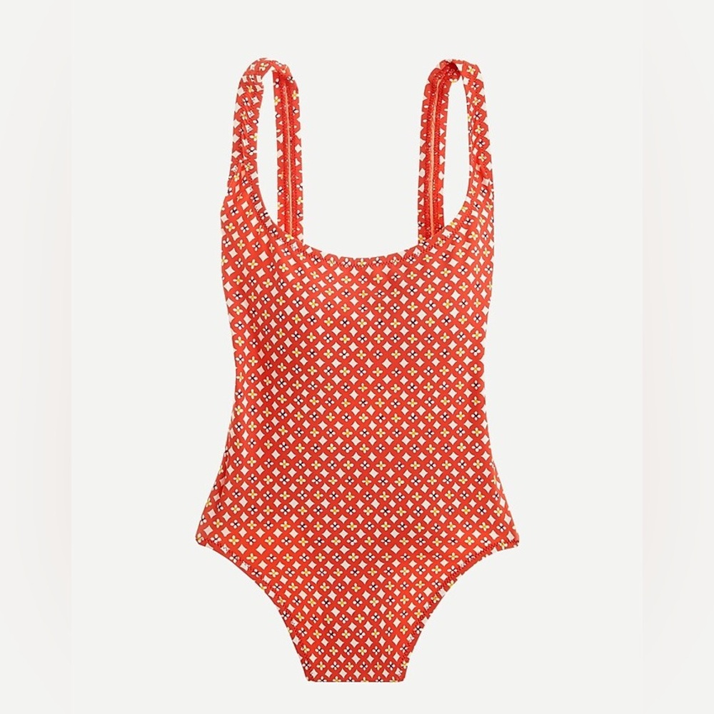 J Crew Geo Print Scoop Back One Piece Swimsuit - Red